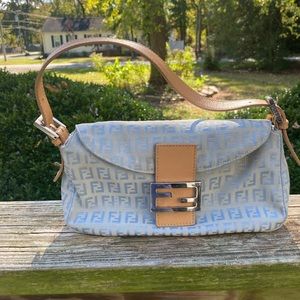 Fendi
Zucchino Pattern Mamma Baguette Light Blue Canvas Leather Shoulder Bag